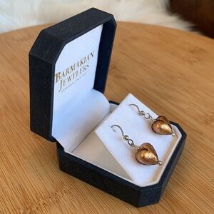 Barmakian Vintage Gold Tone Foil Murano Venetian Glass Heart Dangle Earrings Box